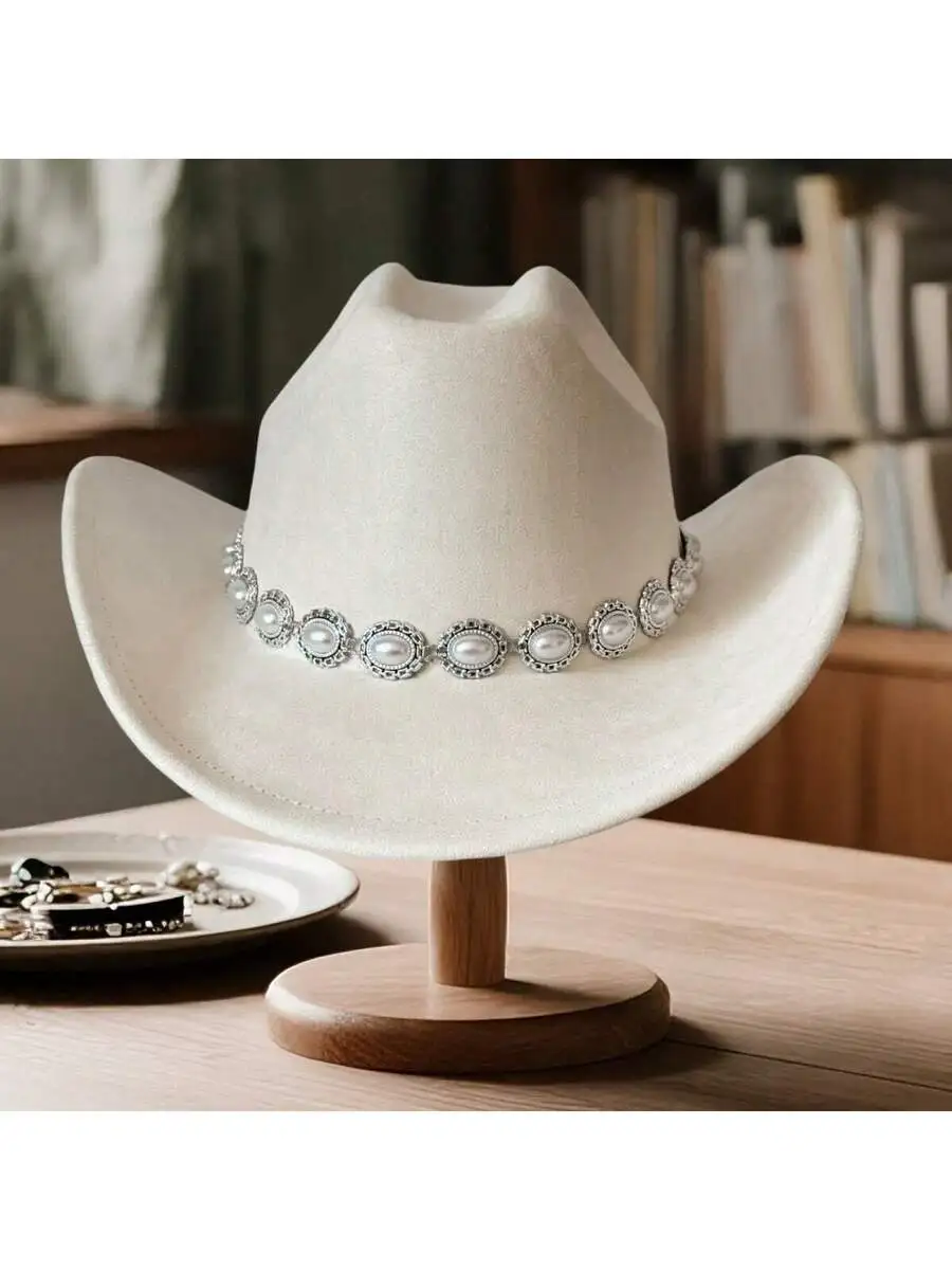 Womens Felt Cowgirl Hat With Pearl Chain Wide Brim Western Hat For Daily Wear And Party
Womens Felt Cowgirl Hat With Pearl Chain Wide Brim Western Hat For Daily Wear And Party