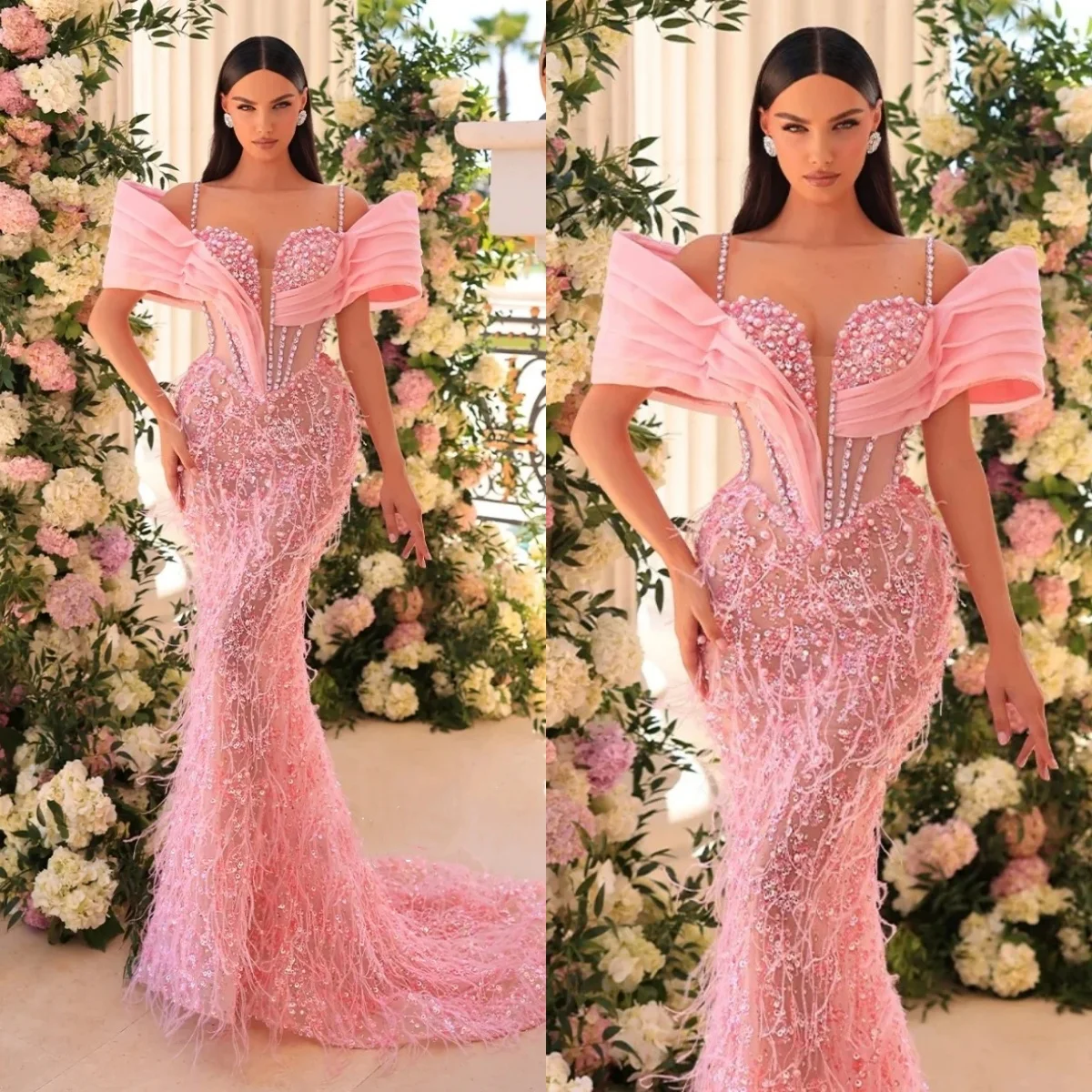 Gorgeous Feather Pearls Evening Dresses Sequins Crystal Prom Gown Illusion Mermaid Party Dress Spaghetti Straps Customized
Gorgeous Feather Pearls Evening Dresses Sequins Crystal Prom Gown Illusion Mermaid Party Dress Spaghetti Straps Customized