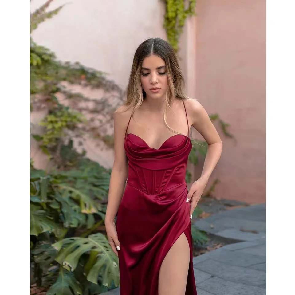 Simple Satin Red Solid Color One Word Neck Prom Dress Women'S Sling Sleeveless Dress Sexy High Slit Slim Open Back Evening Dress
Simple Satin Red Solid Color One Word Neck Prom Dress Women'S Sling Sleeveless Dress Sexy High Slit Slim Open Back Evening Dress