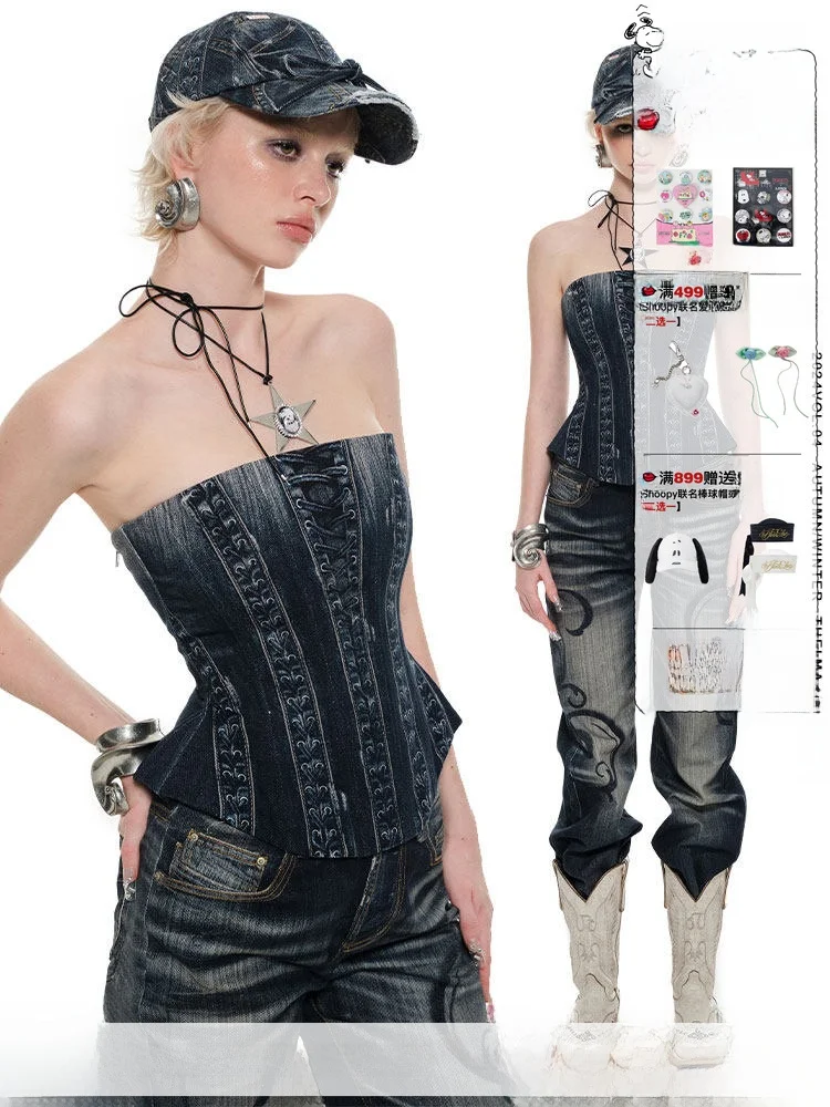 1JINN STUDIO Retro Denim Print Fishbone Crop Top Slimming Sexy Street Style Women's Vest Outerwear Casual Fashion
1JINN STUDIO Retro Denim Print Fishbone Crop Top Slimming Sexy Street Style Women's Vest Outerwear Casual Fashion