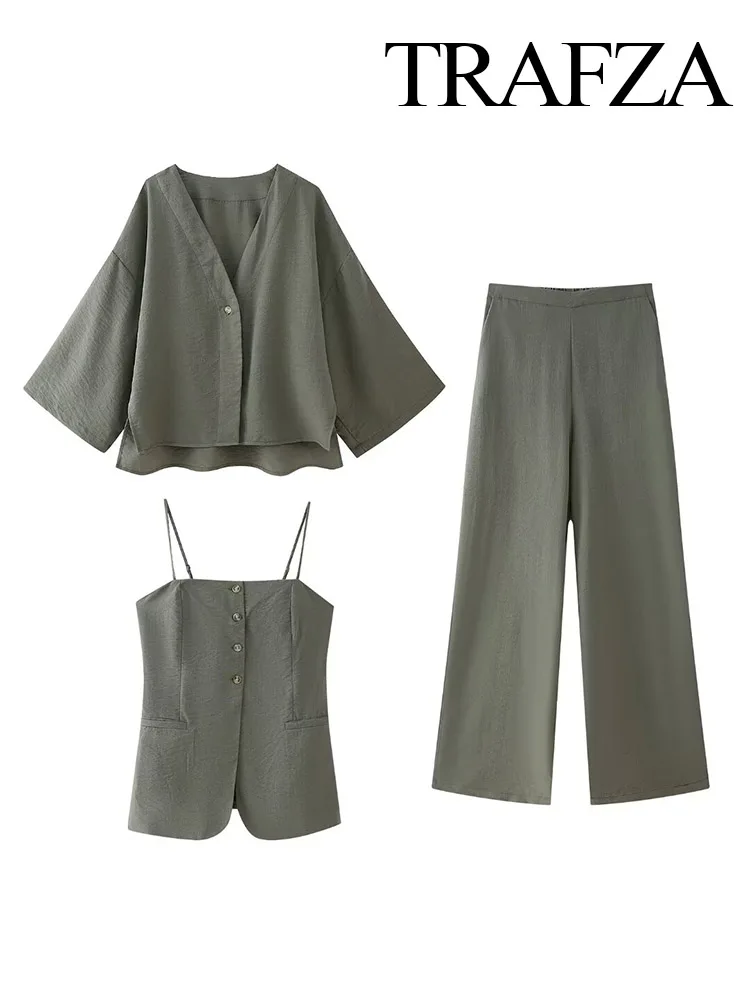 TRAFZA 2024 Women Linen Blend Pant 3-Piece Set Women Single-Breasted Buttoned Strap Top Female V-Neck Cropped Kimono Shirt Mujer
TRAFZA 2024 Women Linen Blend Pant 3-Piece Set Women Single-Breasted Buttoned Strap Top Female V-Neck Cropped Kimono Shirt Mujer