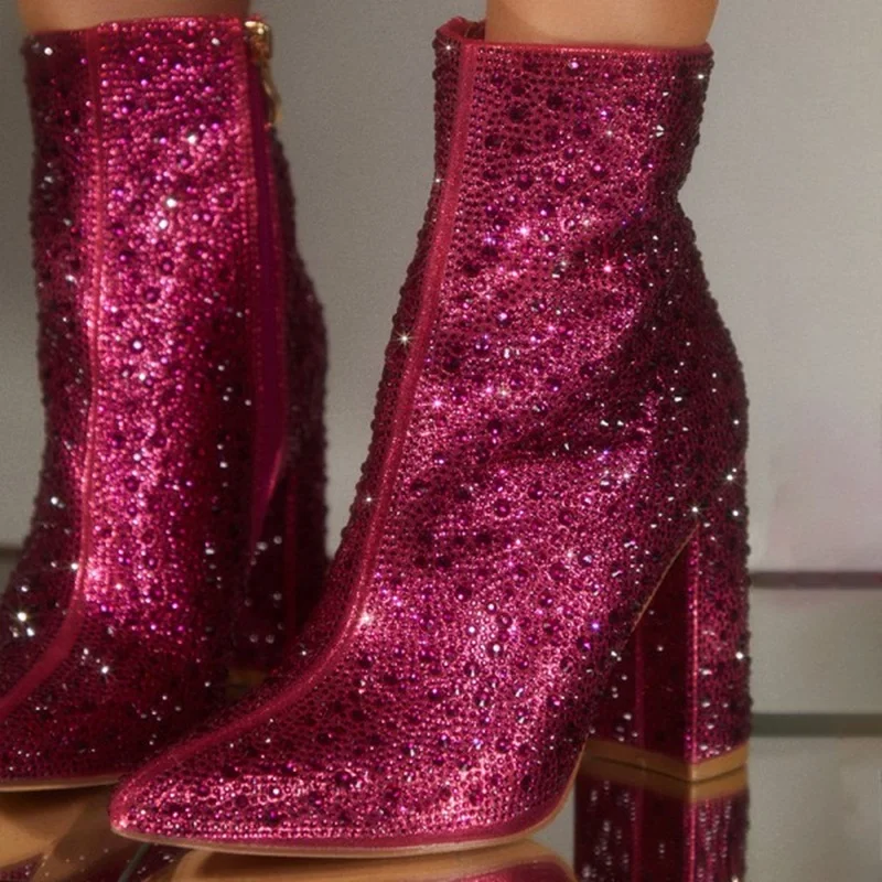 Dark Red Crystal Chunky Heel Ankle Boots Glitter Zipper Pointy Rhinestone Square Heels Women Short Bootie Size43 Customized
Dark Red Crystal Chunky Heel Ankle Boots Glitter Zipper Pointy Rhinestone Square Heels Women Short Bootie Size43 Customized