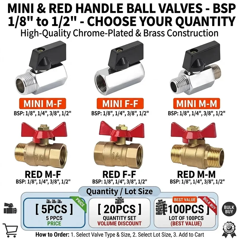 Brass Mini Ball Valve 1/8 1/4 3/8 1/2 BSP Male Female Thread Water Air Oil Shut-off Valve Chrome Plated Connector 5/20/100PCS
Brass Mini Ball Valve 1/8 1/4 3/8 1/2 BSP Male Female Thread Water Air Oil Shut-off Valve Chrome Plated Connector 5/20/100PCS
