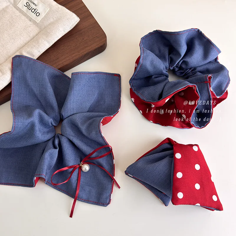Scrunchie Reversible Two Tone Navy Red Polka Dot Double Sided Fabric Hair Tie for Ponytail Sweet Indie Preppy School Style Use
Scrunchie Reversible Two Tone Navy Red Polka Dot Double Sided Fabric Hair Tie for Ponytail Sweet Indie Preppy School Style Use