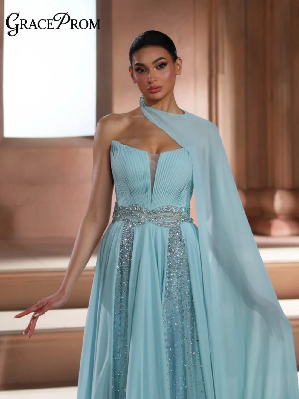 Elegant Light Blue One Shoulder Chiffon Evening Gown Pleated Bodice Beaded Cape Sleeve Party Dress Wedding Guests فساتين سهرة
Elegant Light Blue One Shoulder Chiffon Evening Gown Pleated Bodice Beaded Cape Sleeve Party Dress Wedding Guests فساتين سهرة