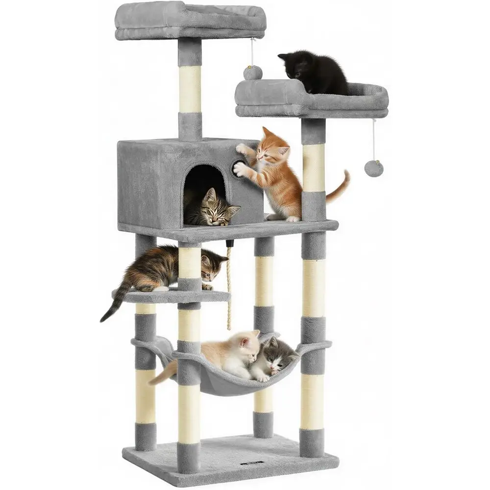 56.3-Inch Multi-Level Cat Tower with 11 Scratching Posts, 2 Perches, Hammock, and Cave in Light Gray
56.3-Inch Multi-Level Cat Tower with 11 Scratching Posts, 2 Perches, Hammock, and Cave in Light Gray