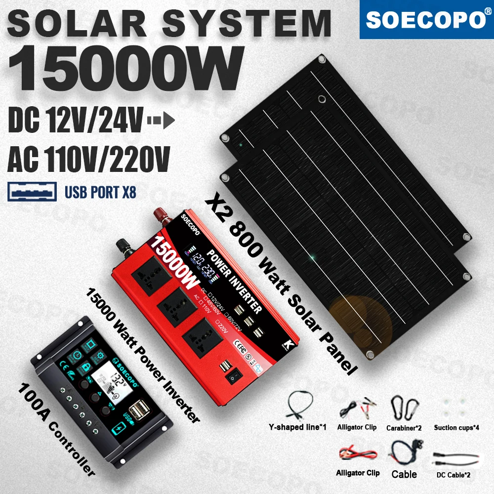 Emergency Use Portable Power 15000W Easy-Install Solar Power Kit 2×800W Panels 100A Inverter 8×USB Charging for Van Camping Home
Emergency Use Portable Power 15000W Easy-Install Solar Power Kit 2×800W Panels 100A Inverter 8×USB Charging for Van Camping Home