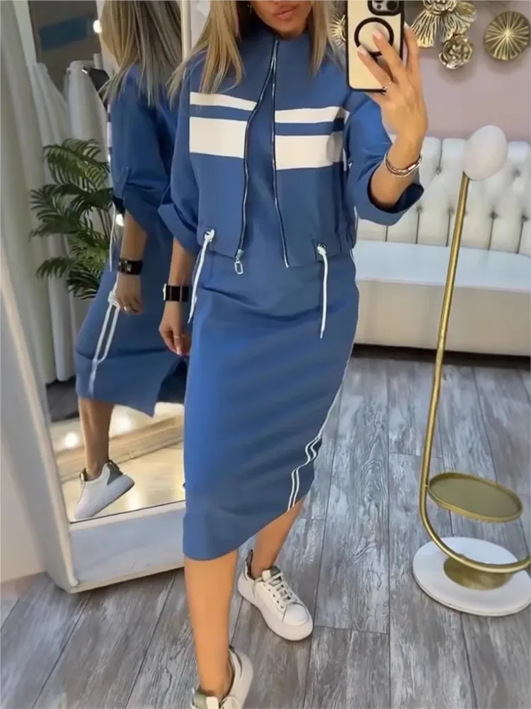 New Fashion Zipper stripe Jacket + Dress Two-piece Sets Woman Autumn winter Casual Loose Pocket Jacket Dresses Set For Women
New Fashion Zipper stripe Jacket + Dress Two-piece Sets Woman Autumn winter Casual Loose Pocket Jacket Dresses Set For Women