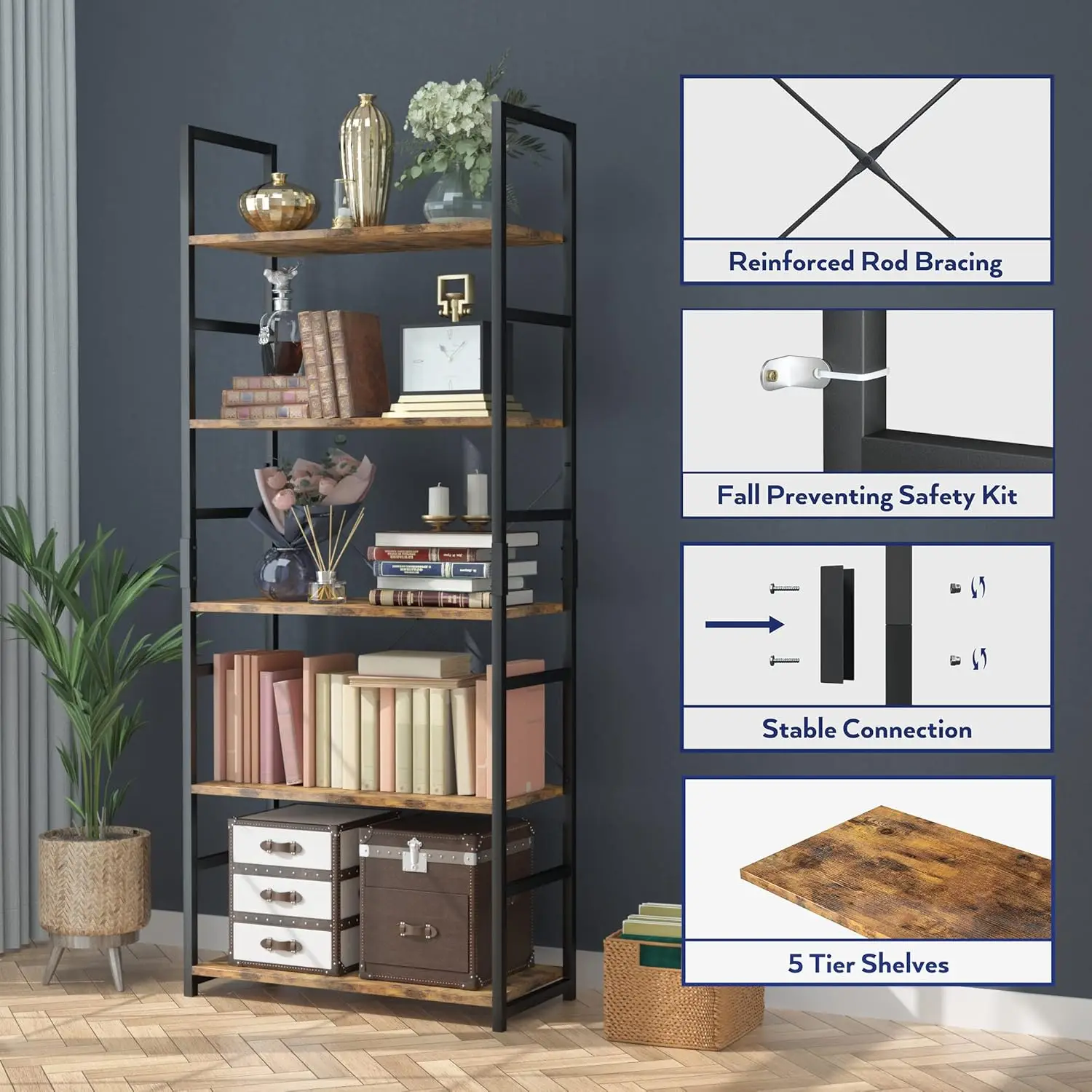 5 Tier Bookshelf, Tall Bookcase Shelf Storage Organizer, Modern Book Shelf for Bedroom, Living Room and Home Office, Vintage
5 Tier Bookshelf, Tall Bookcase Shelf Storage Organizer, Modern Book Shelf for Bedroom, Living Room and Home Office, Vintage