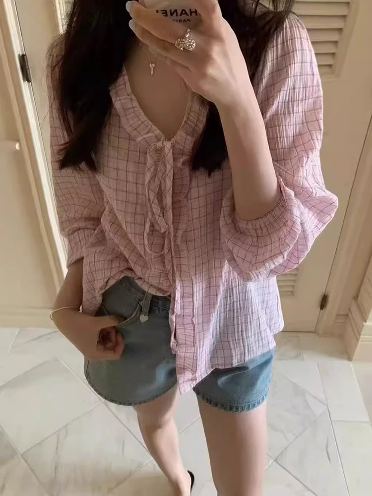 Sweet Sle Plaid irt Женские ранние осенние новые молодежные длинные свеки с v-образным вырезом на пуговицах в Корейском стиле свободного покроя Bubble Sve
Sweet Sle Plaid irt Женские ранние осенние новые молодежные длинные свеки с v-образным вырезом на пуговицах в Корейском стиле свободного покроя Bubble Sve