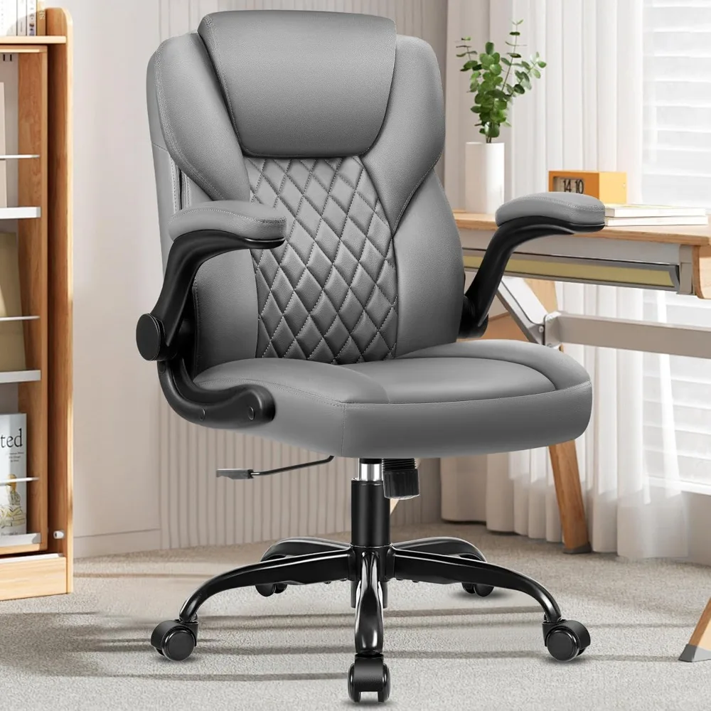 Executive office chair with wheels, ergonomic design, PU leather, flip-up armrests, swivel rolling, for home office desk.
Executive office chair with wheels, ergonomic design, PU leather, flip-up armrests, swivel rolling, for home office desk.