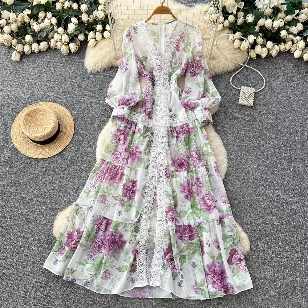 Casual Floral Print Holiday Dress Women Vintage Lace V-Neck Long Lantern Sleeve Single Breasted Boho Beach Wear Summer Vestidos
Casual Floral Print Holiday Dress Women Vintage Lace V-Neck Long Lantern Sleeve Single Breasted Boho Beach Wear Summer Vestidos