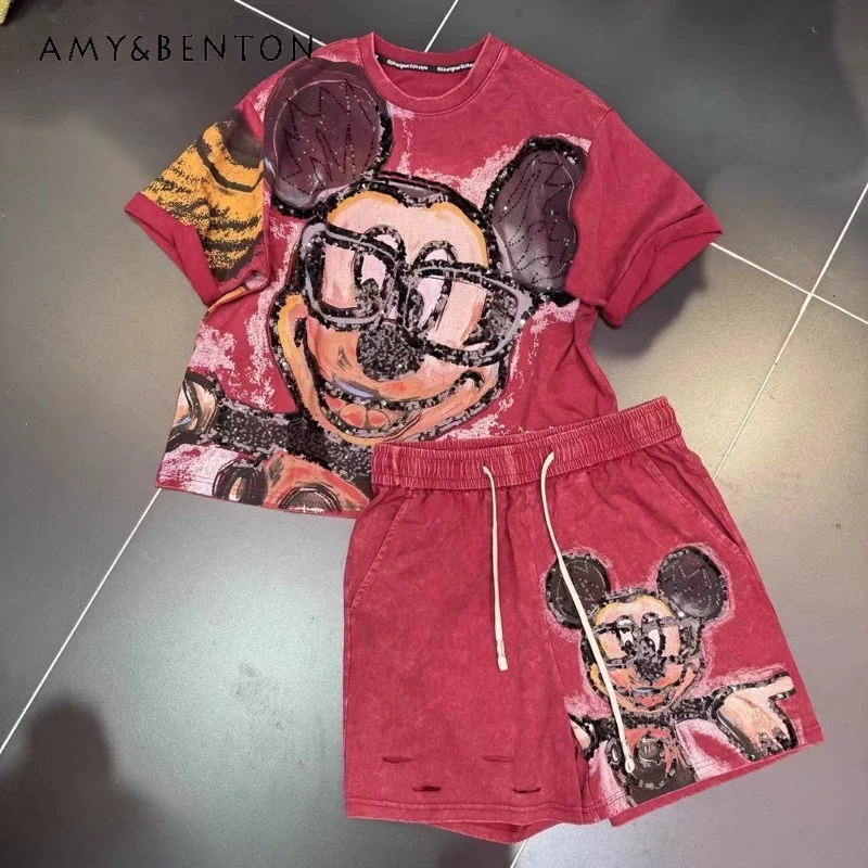 Summer Heavy Industry Embroidery Cartoon Striped Short-sleeved T Shirts Set Women's Loose Thin Tees Shorts 2-pieces Outfits 4454
Summer Heavy Industry Embroidery Cartoon Striped Short-sleeved T Shirts Set Women's Loose Thin Tees Shorts 2-pieces Outfits 4454