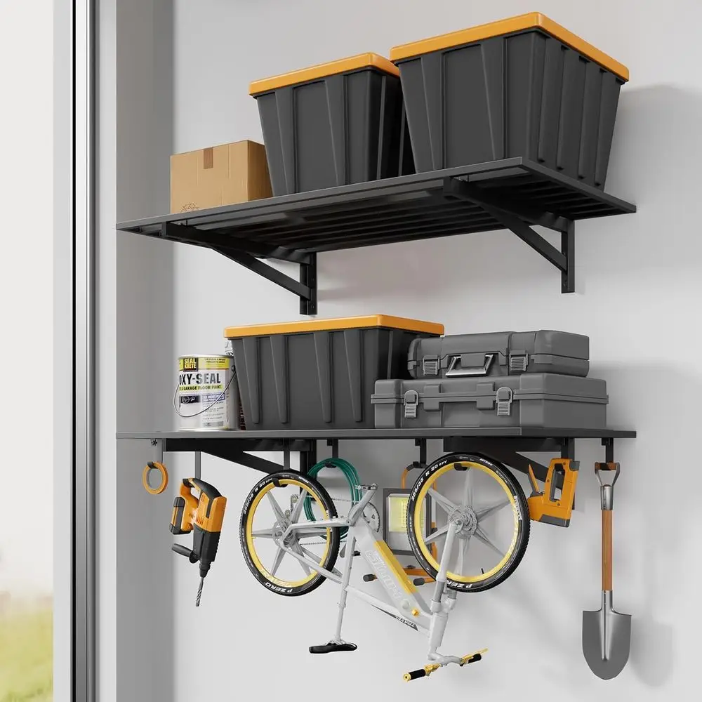 2-Pack 2x4ft Heavy-Duty Wall Mounted Garage Shelving with Hooks, 500 lbs Capacity for Industrial Storage and Organization
2-Pack 2x4ft Heavy-Duty Wall Mounted Garage Shelving with Hooks, 500 lbs Capacity for Industrial Storage and Organization