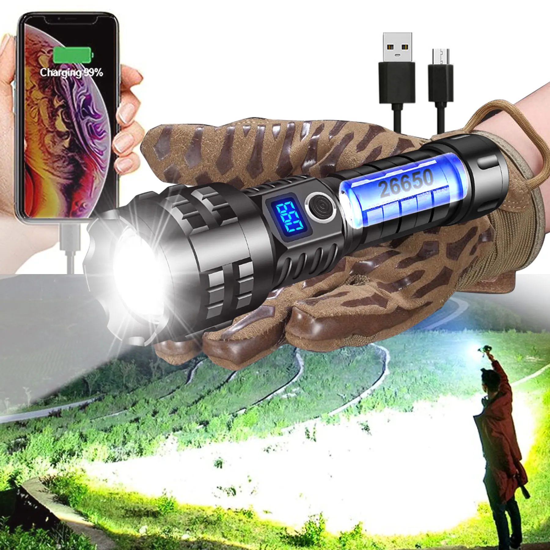 900000LM Powerful LED Solar Flashlight Torch 3 Modes USB charging Camping Lantern COB Side Light Phone Charger Waterproof Light
900000LM Powerful LED Solar Flashlight Torch 3 Modes USB charging Camping Lantern COB Side Light Phone Charger Waterproof Light