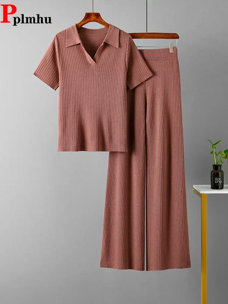 Korean Knitwear Short Sleeve Pullover Tops Conjuntos Women High Waist Wide Leg Sweatpants Outfit Summer Thin Knit 2 Pieces Sets
Korean Knitwear Short Sleeve Pullover Tops Conjuntos Women High Waist Wide Leg Sweatpants Outfit Summer Thin Knit 2 Pieces Sets