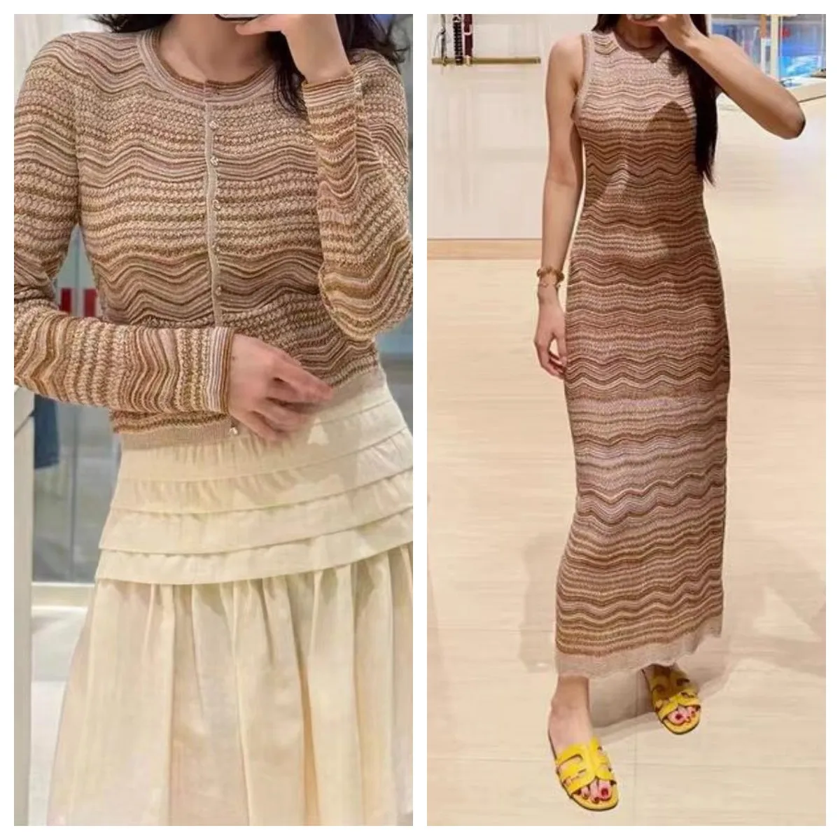 2026 Summer Women's Retro Wave Color Knitted Set Round Neck Single Breasted Long Sleeve Cardigan+Slimming Sleeveless Midi Dress
2026 Summer Women's Retro Wave Color Knitted Set Round Neck Single Breasted Long Sleeve Cardigan+Slimming Sleeveless Midi Dress