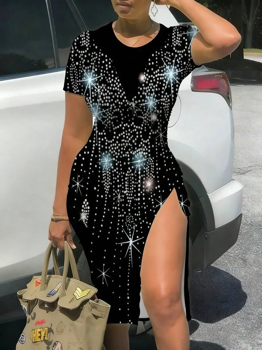 Womens Bodycon Dress With Sparkling Star Print And Side Slit Black Mid Length
Womens Bodycon Dress With Sparkling Star Print And Side Slit Black Mid Length