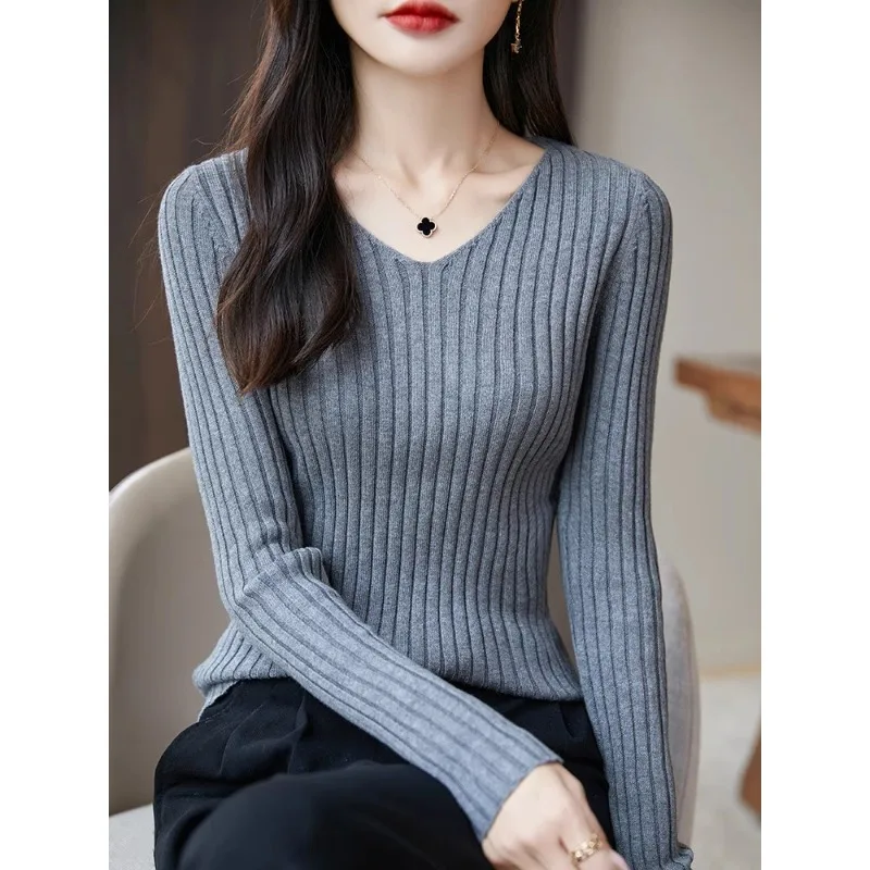 Spring Autumn V-neck Skinny Elastic Knitted Shirt Women Pullover Sweater Tops Female Long Sleeve Slim Knit Bottoming Shirts 
Spring Autumn V-neck Skinny Elastic Knitted Shirt Women Pullover Sweater Tops Female Long Sleeve Slim Knit Bottoming Shirts
