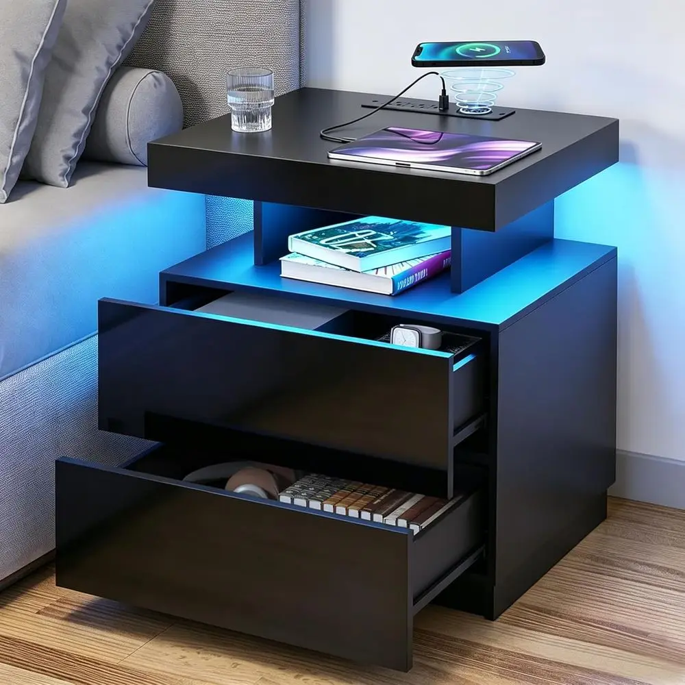 Contemporary Nightstand with USB Charging & LED Light, Sleek Black Side Table for Bedroom
Contemporary Nightstand with USB Charging & LED Light, Sleek Black Side Table for Bedroom