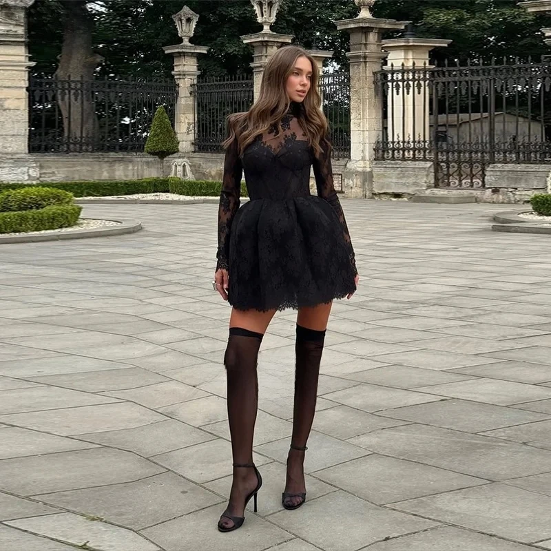 2026 Modest Black Lace Prom Dresses Long Sleeves Chic Appliques Short A Line Birthday Dress High Neck Vestido De Gala Customized
2026 Modest Black Lace Prom Dresses Long Sleeves Chic Appliques Short A Line Birthday Dress High Neck Vestido De Gala Customized