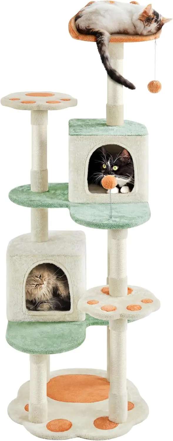 65in Cat Tree with Heart-Shaped Platform, Hanging Ball, Double Condos, Scratching Posts for Indoor Cats, Beige & Green & Orange
65in Cat Tree with Heart-Shaped Platform, Hanging Ball, Double Condos, Scratching Posts for Indoor Cats, Beige & Green & Orange