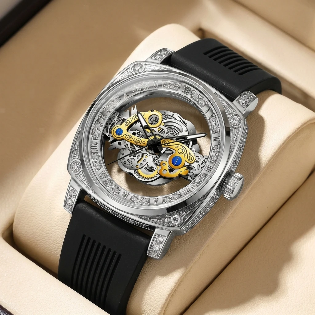 Механические часы квадратной формы, 1 шт., стильный блестящий декор, черный силиконовый ремешок, персонализированные.
Механические часы квадратной формы, 1 шт., стильный блестящий декор, черный силиконовый ремешок, персонализированные.