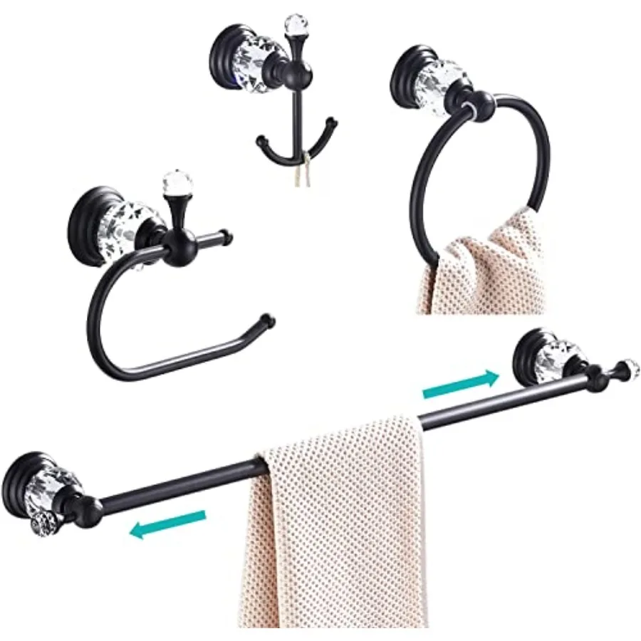Bathroom towel bar set: crystal-accented black metal, 24-inch bar, toilet paper holder, towel ring, coat hooks4-piece wall-moun
Bathroom towel bar set: crystal-accented black metal, 24-inch bar, toilet paper holder, towel ring, coat hooks4-piece wall-moun