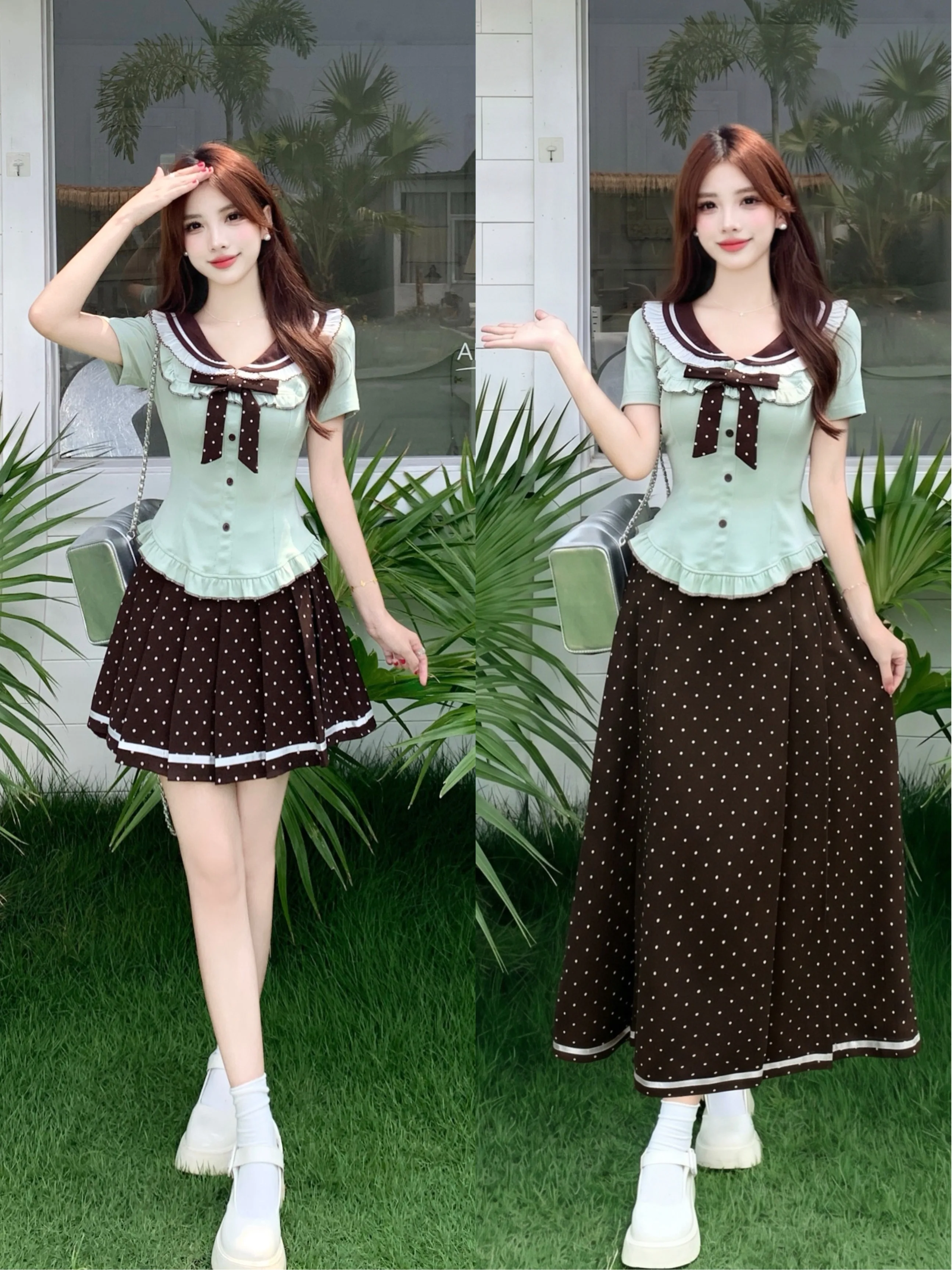 plus Size Mint Sweet Sister Naval Collar Knot Top Meat Concealing Polka Dot A-Line Skirt Slimming Effect
plus Size Mint Sweet Sister Naval Collar Knot Top Meat Concealing Polka Dot A-Line Skirt Slimming Effect