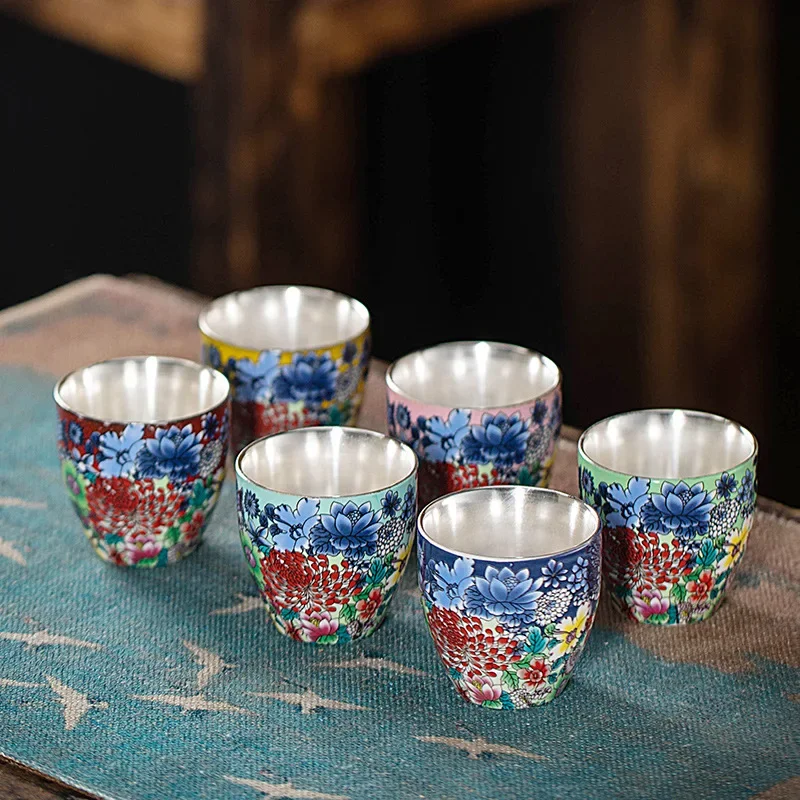 6Pcs silver cup enamel color sterling silver teacup ceramic kung fu master cup Chinese high-end light luxury gift tea set
6Pcs silver cup enamel color sterling silver teacup ceramic kung fu master cup Chinese high-end light luxury gift tea set