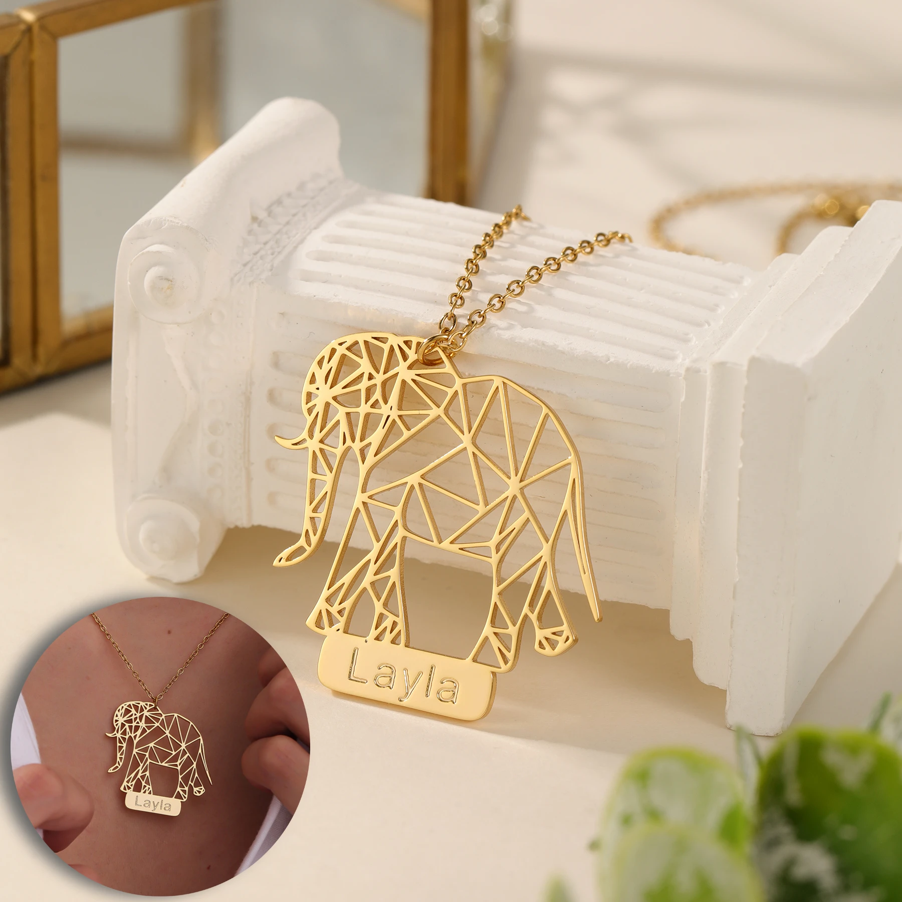 Minimalist Line Art Elephant Necklace Custom Name on Memorial Plate Acid Etched 18K Gold Plated Unique Symbolic Jewelry Gift
Minimalist Line Art Elephant Necklace Custom Name on Memorial Plate Acid Etched 18K Gold Plated Unique Symbolic Jewelry Gift