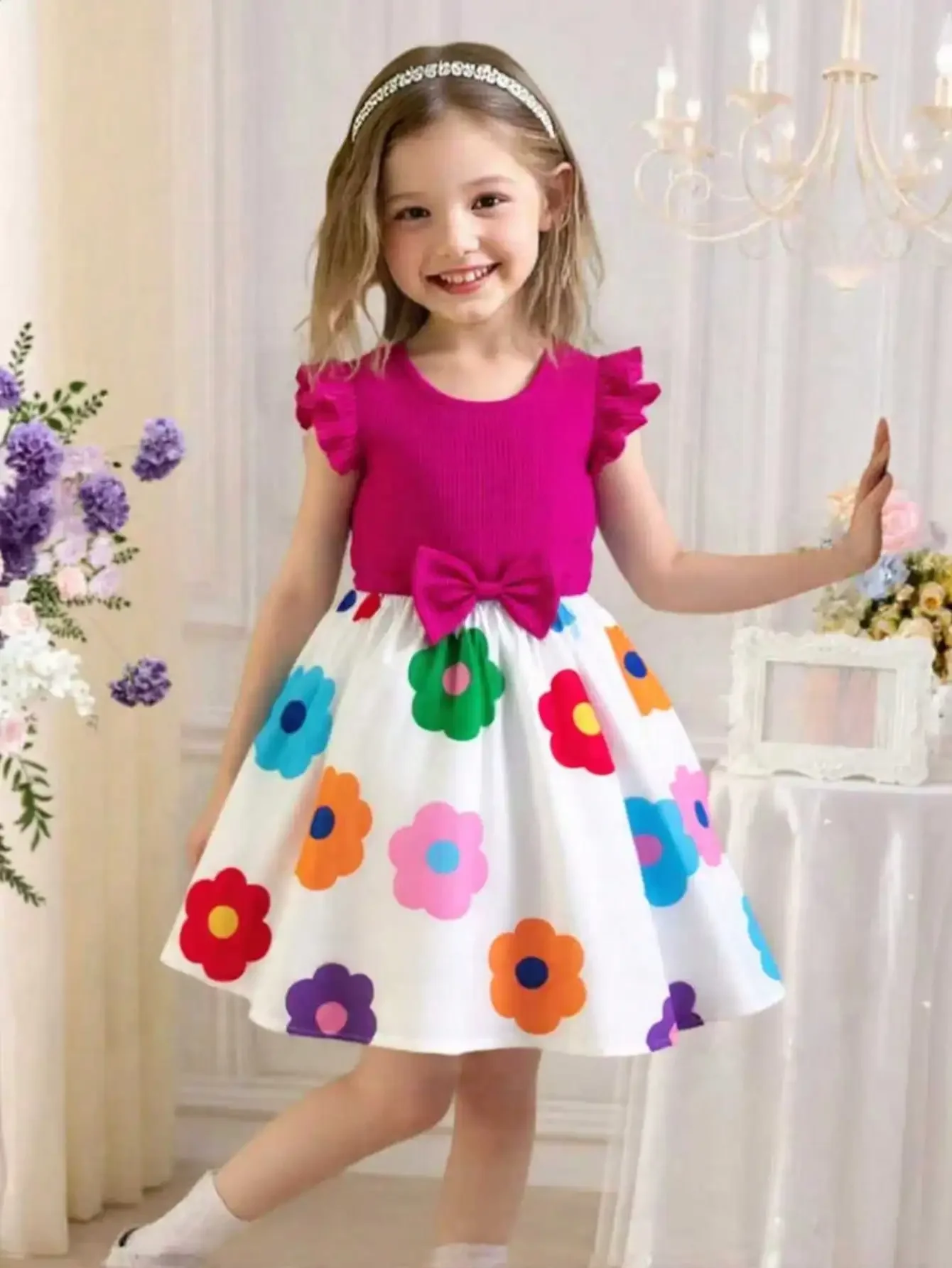 Young Girl's Casual Sweet Style Solid Color Ribbed Round Neck Puff Sleeve Bow Splice Rainbow Floral Print Hem Dress, Holiday Outdoor Spring/Summer Girls Dress
Young Girl's Casual Sweet Style Solid Color Ribbed Round Neck Puff Sleeve Bow Splice Rainbow Floral Print Hem Dress, Holiday Outdoor Spring/Summer Girls Dress