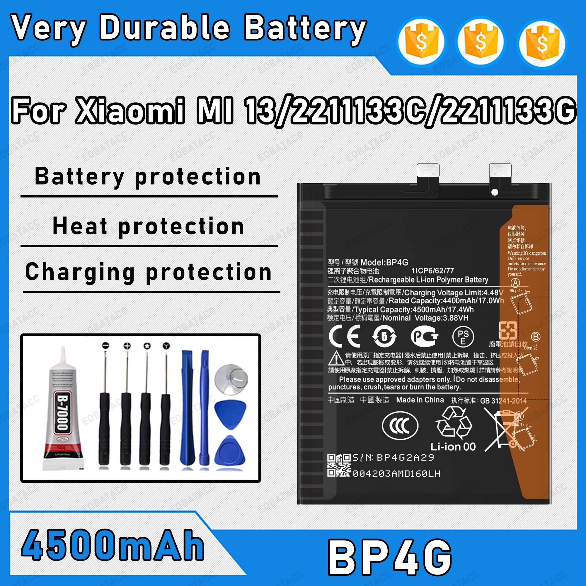 4500mAh 100% New BP4G Battery For Xiaomi MI 13/2211133C Replacement Bateria+Free Tools
4500mAh 100% New BP4G Battery For Xiaomi MI 13/2211133C Replacement Bateria+Free Tools
