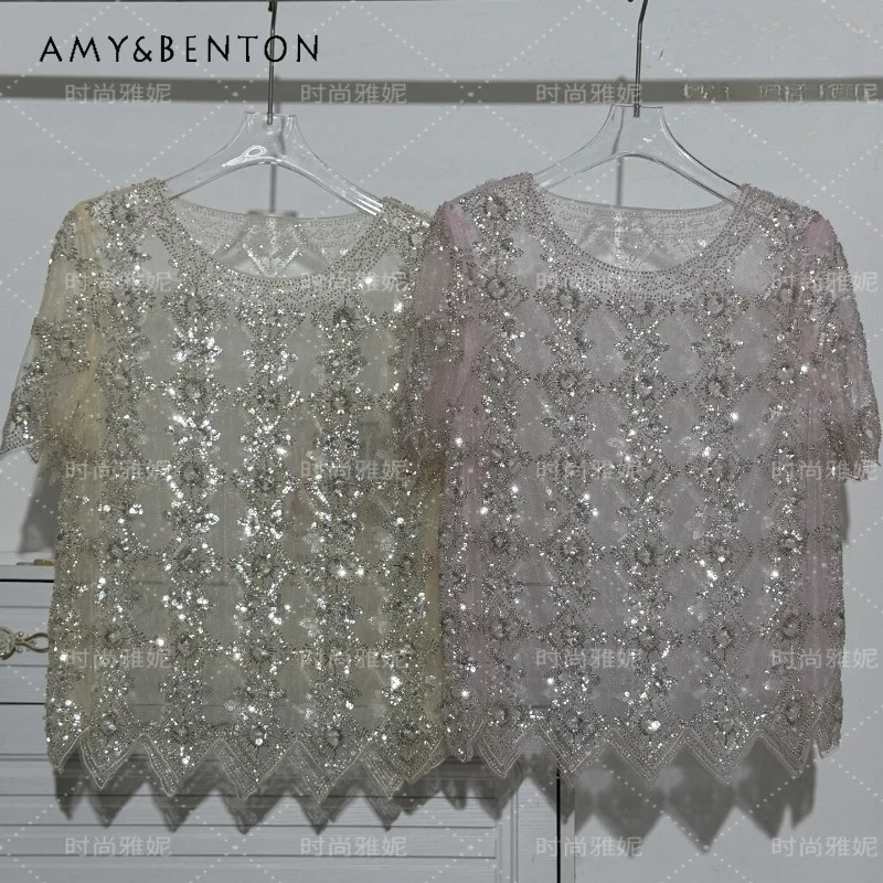 Stage Performance Costumes Heavy Craft Sequined Lace Shirt Ladies Short Sleeved O-neck Pearl Versatile Nail Bead Mesh Top Blouse
Stage Performance Costumes Heavy Craft Sequined Lace Shirt Ladies Short Sleeved O-neck Pearl Versatile Nail Bead Mesh Top Blouse