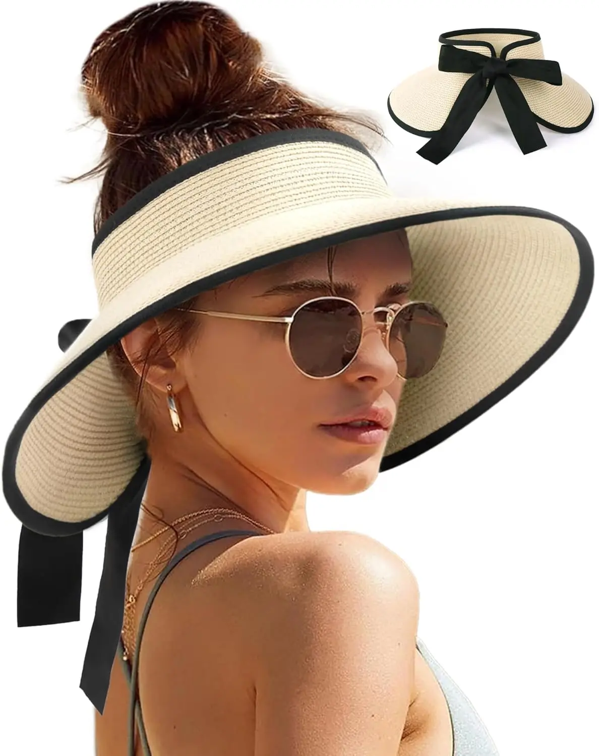 Sun visor for women with wide brim foldable straw design ponytail opening packable summer hat UPF 50+
Sun visor for women with wide brim foldable straw design ponytail opening packable summer hat UPF 50+