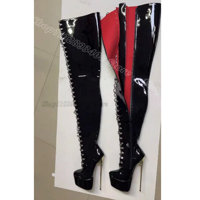 Black Metal Heels Platform Boots Patent Leather Lace up British Style Fashion Party Sexy Over Knee Boots Zapatos Para Mujere 
Black Metal Heels Platform Boots Patent Leather Lace up British Style Fashion Party Sexy Over Knee Boots Zapatos Para Mujere