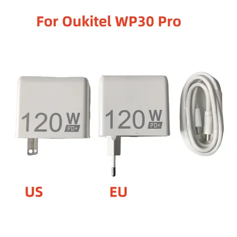 New Original For Oukitel WP30 PRO Cell Phone 120W US EU Plug Fast PD Charger Power Adapter+6A Dual Type-C USB Cable Data Line