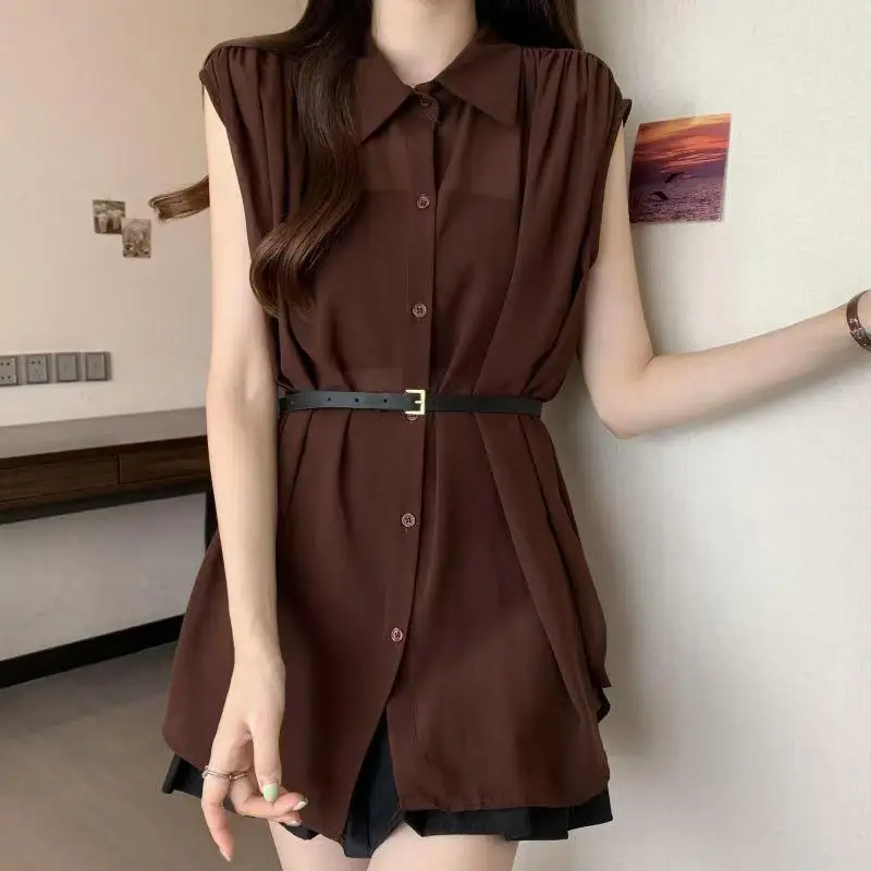 Sleeveless Thin Loose Solid Temperament Blouse Summer New Polo Neck Elegant Simplicity Shirt Tops Fashion Korean Women Clothing 
Sleeveless Thin Loose Solid Temperament Blouse Summer New Polo Neck Elegant Simplicity Shirt Tops Fashion Korean Women Clothing