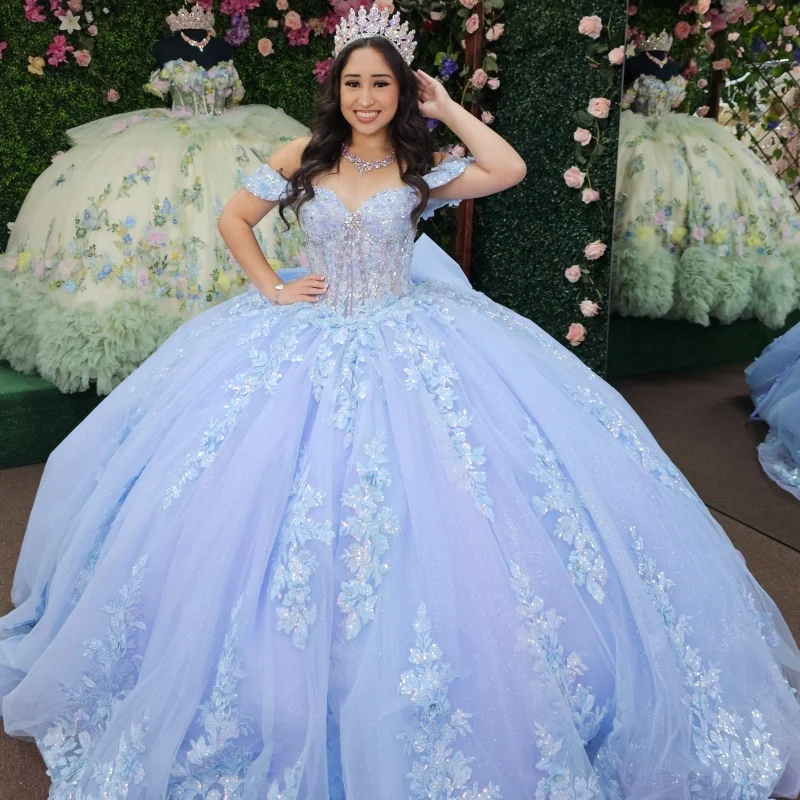 Blue Quinceanera Dress off-shoulder Glitter Flower Crystal Decal Long tail Bow vestidos de 15 Quinceanera Customize
Blue Quinceanera Dress off-shoulder Glitter Flower Crystal Decal Long tail Bow vestidos de 15 Quinceanera Customize