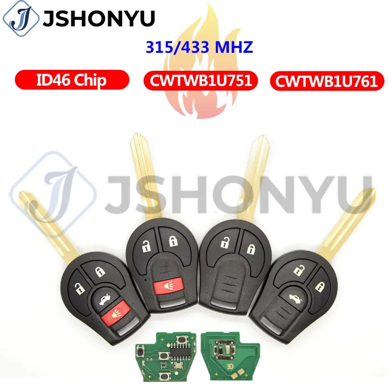 JsHonYu CWTWB1U751 CWTWB1U761 315MHz 433MHz ID46 Chip Remote Car Key for Nissan Qashqai Sylphy Sunny Tiida Rogue Fob
JsHonYu CWTWB1U751 CWTWB1U761 315MHz 433MHz ID46 Chip Remote Car Key for Nissan Qashqai Sylphy Sunny Tiida Rogue Fob