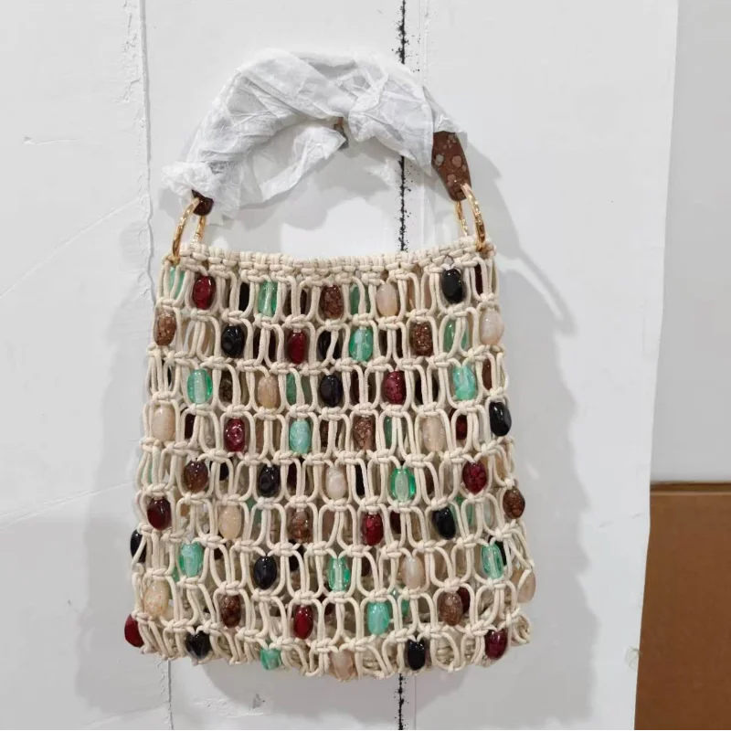 Wooden Handle Hand-woven Beaded Tote Bag, Boho Large Capacity Knitted Handbag, Hollow Out Woven Beach Purse For Summer Vacation
Wooden Handle Hand-woven Beaded Tote Bag, Boho Large Capacity Knitted Handbag, Hollow Out Woven Beach Purse For Summer Vacation