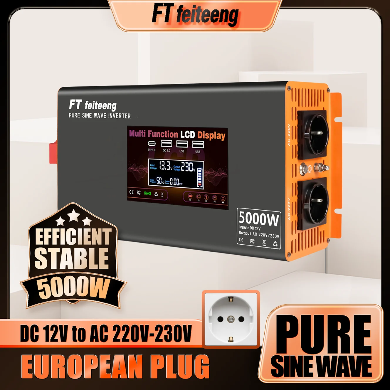 FT feiteeng 5000W Pure Sine Wave Inverter 12V to 220V with EU Plug - for Solar Battery Storage, Off-Grid Cabins 
FT feiteeng 5000W Pure Sine Wave Inverter 12V to 220V with EU Plug - for Solar Battery Storage, Off-Grid Cabins