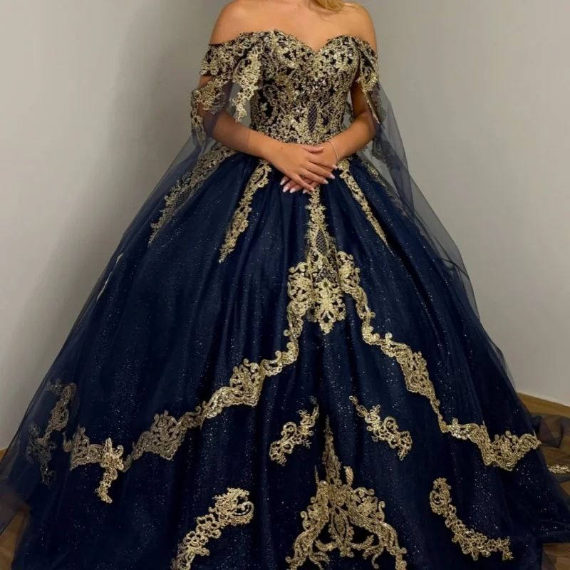 Shiny Dark Blue Quinceanera Dress off-shoulder Gold Sequins Decal Layering Long tail vestidos de 15 Quinceanera Customize
Shiny Dark Blue Quinceanera Dress off-shoulder Gold Sequins Decal Layering Long tail vestidos de 15 Quinceanera Customize