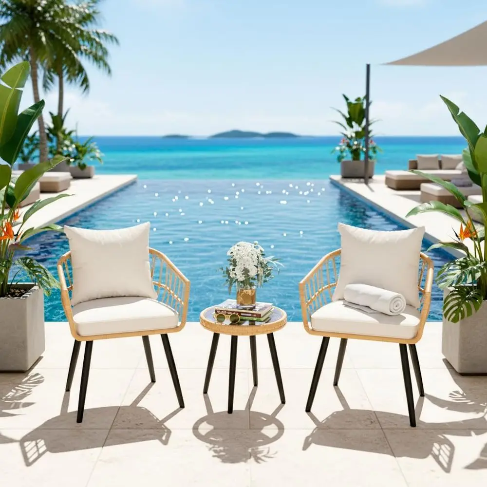 Space-Saving Boho Wicker Patio Bistro Set with Thickened Cream Cushions for Balcony, Porch, Garden, and Backyard Oasis
Space-Saving Boho Wicker Patio Bistro Set with Thickened Cream Cushions for Balcony, Porch, Garden, and Backyard Oasis