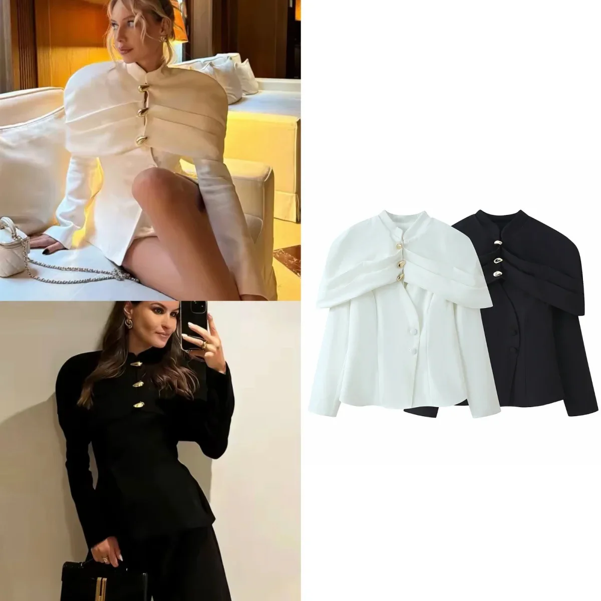 Solid Stand Collar Draped Cape Detail Top Irregular Metal Buttons Slim Long Sleeve Women Elegant Commuter Short Jacket 260602
Solid Stand Collar Draped Cape Detail Top Irregular Metal Buttons Slim Long Sleeve Women Elegant Commuter Short Jacket 260602