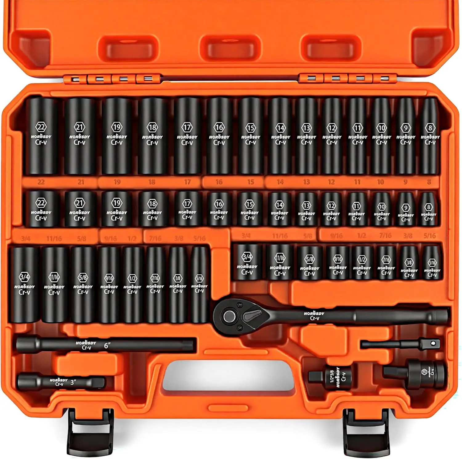 50-Piece Impact Socket Set with SAE/Metric Sizes, 3/8" Drive, Cr-V Steel, Includes Ratchet Handle & Extensions
50-Piece Impact Socket Set with SAE/Metric Sizes, 3/8" Drive, Cr-V Steel, Includes Ratchet Handle & Extensions