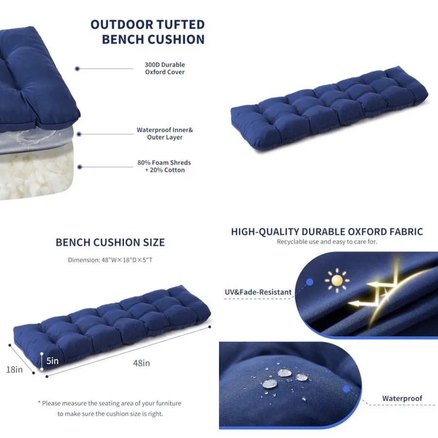 Outdoor Bench Cushion, 48x18x5 Inch, Waterproof Bench Cushion for Outdoor/Indoor Furniture, Tufted Patio Bench Seat Cushion, Fade Resistant Outdoor Cushions for Porch Swing Couch, Navy Blue
Outdoor Bench Cushion, 48x18x5 Inch, Waterproof Bench Cushion for Outdoor/Indoor Furniture, Tufted Patio Bench Seat Cushion, Fade Resistant Outdoor Cushions for Porch Swing Couch, Navy Blue