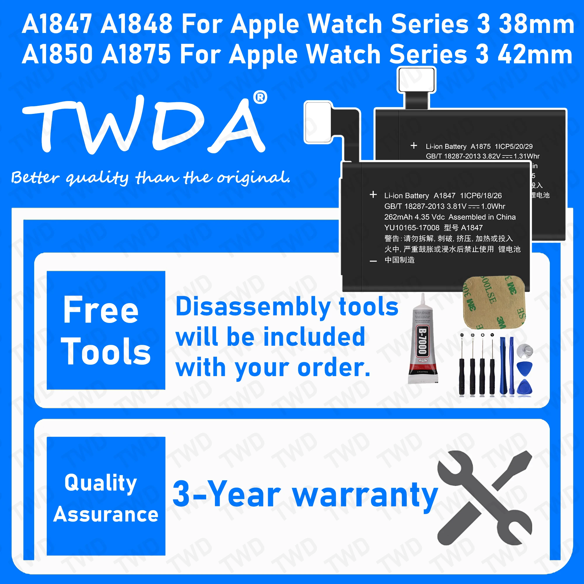 A1847 A1848 A1850 A1875 Large capacity Battery For APPLE Series 3 38mm 42mm/iWatch 3 38mm 42mm SmartWatch Batteries +Free Tools
A1847 A1848 A1850 A1875 Large capacity Battery For APPLE Series 3 38mm 42mm/iWatch 3 38mm 42mm SmartWatch Batteries +Free Tools
