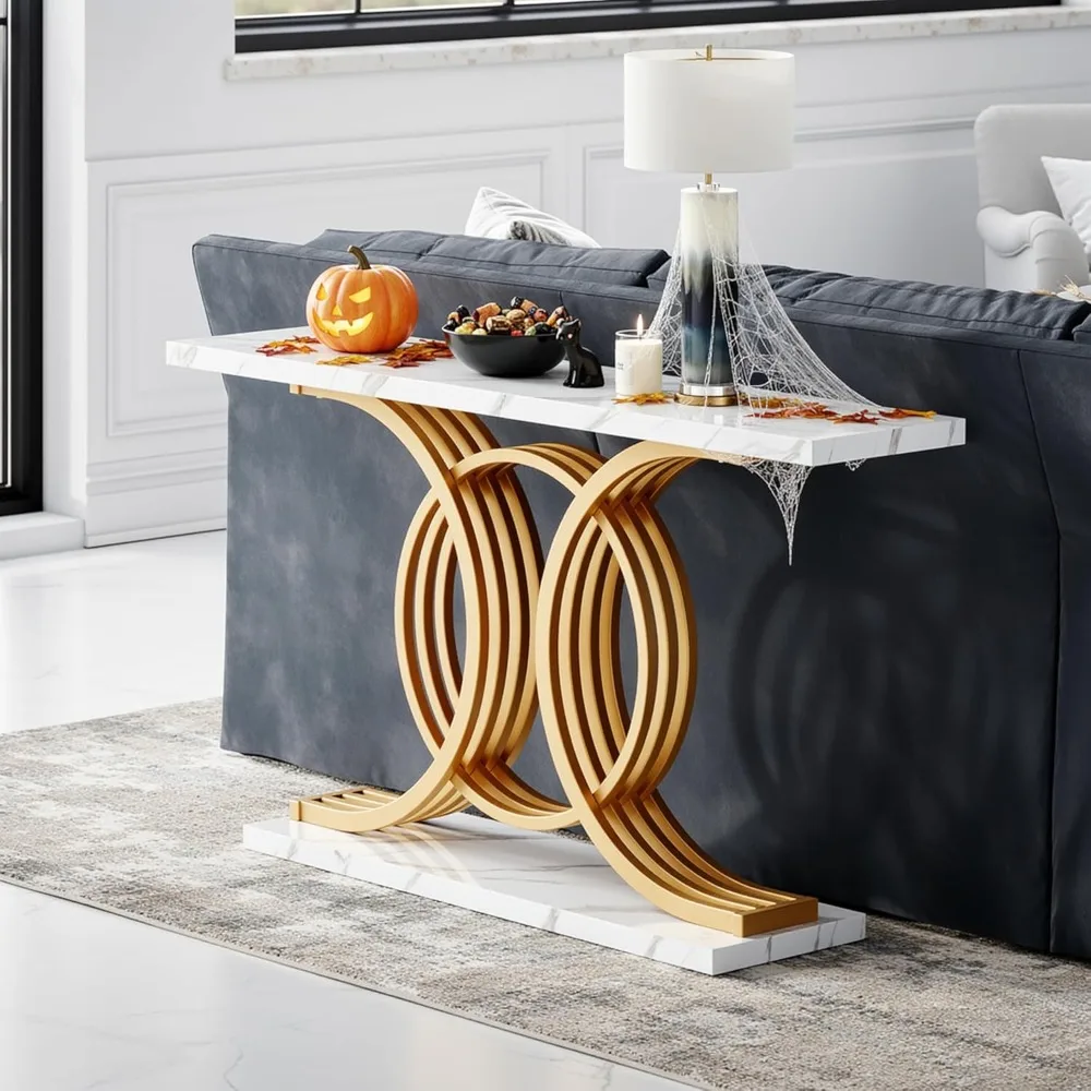 55 Inch Gold Entryway Table, Modern Faux Marble Console Table with Circle Metal Legs, Narrow Table Behind Sofa Couch
55 Inch Gold Entryway Table, Modern Faux Marble Console Table with Circle Metal Legs, Narrow Table Behind Sofa Couch