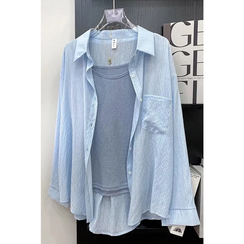 Women Two-piece Outfit Striped Thin Sun Long Sleeve Shirt With Inner Sling Loose Casual Versatile Set
Women Two-piece Outfit Striped Thin Sun Long Sleeve Shirt With Inner Sling Loose Casual Versatile Set